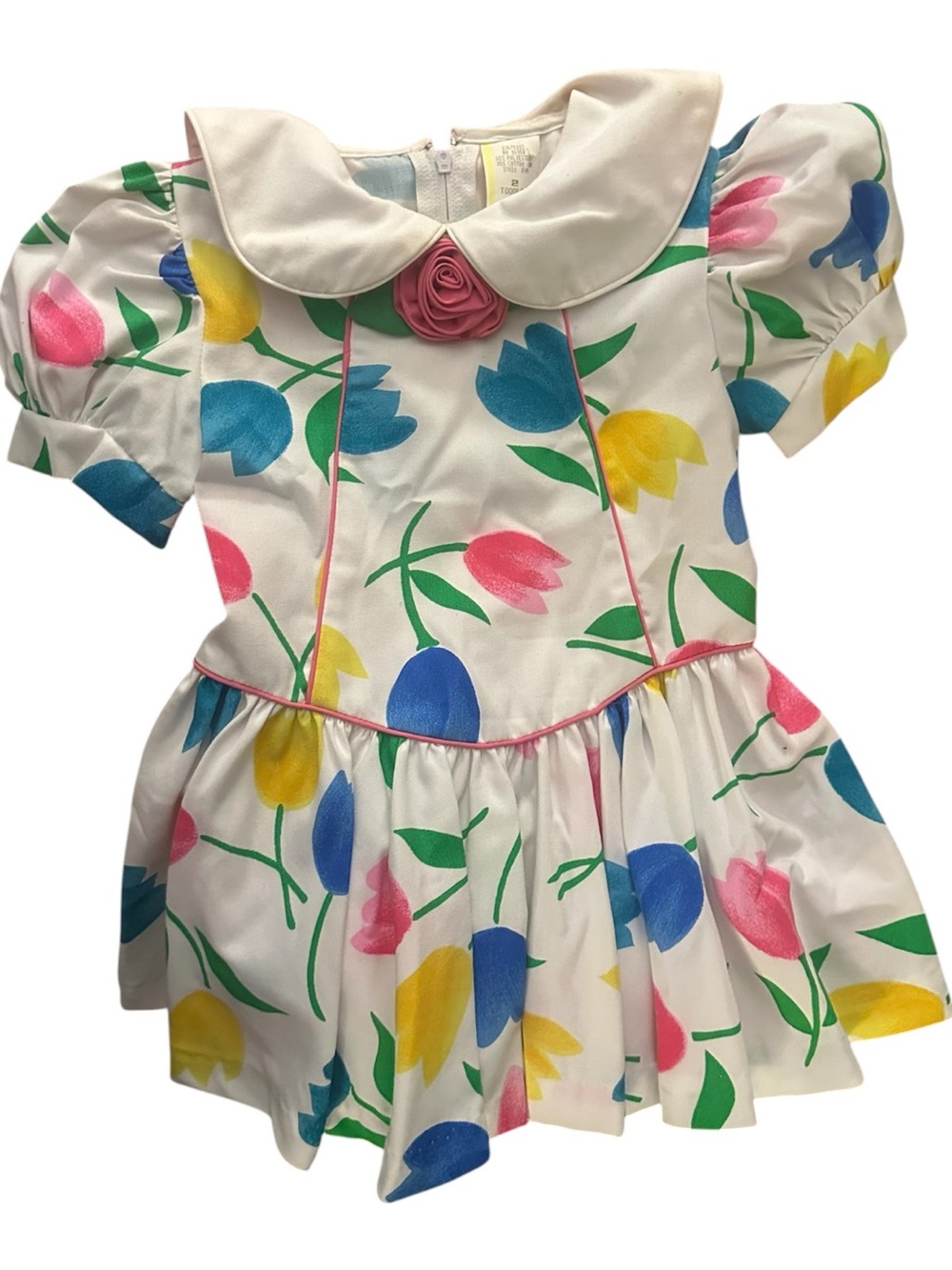 Vintage 80s Toddler Tulip Print Dress – Size 2T Peter Pan Collar – Puff Sleeves